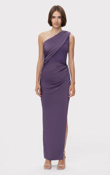 Ruched Woven Combo S/L Gown | Plum