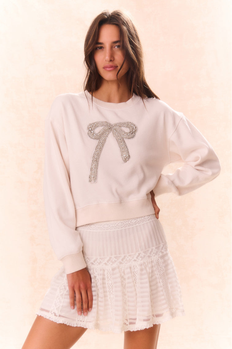 Rylan Bow-Embellished Fleece Pullover | Sugar Cookie
