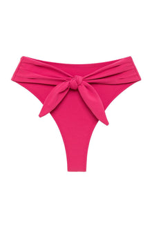 Raspberry pink bikini bottom with ruched tie-up waistband and high-cut thong design.