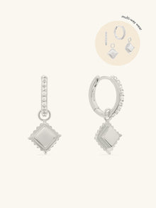 Ravioli Charm Huggie Earrings | 5A Grade Cubic Zirconia | Silver Rhodium Plated Brass