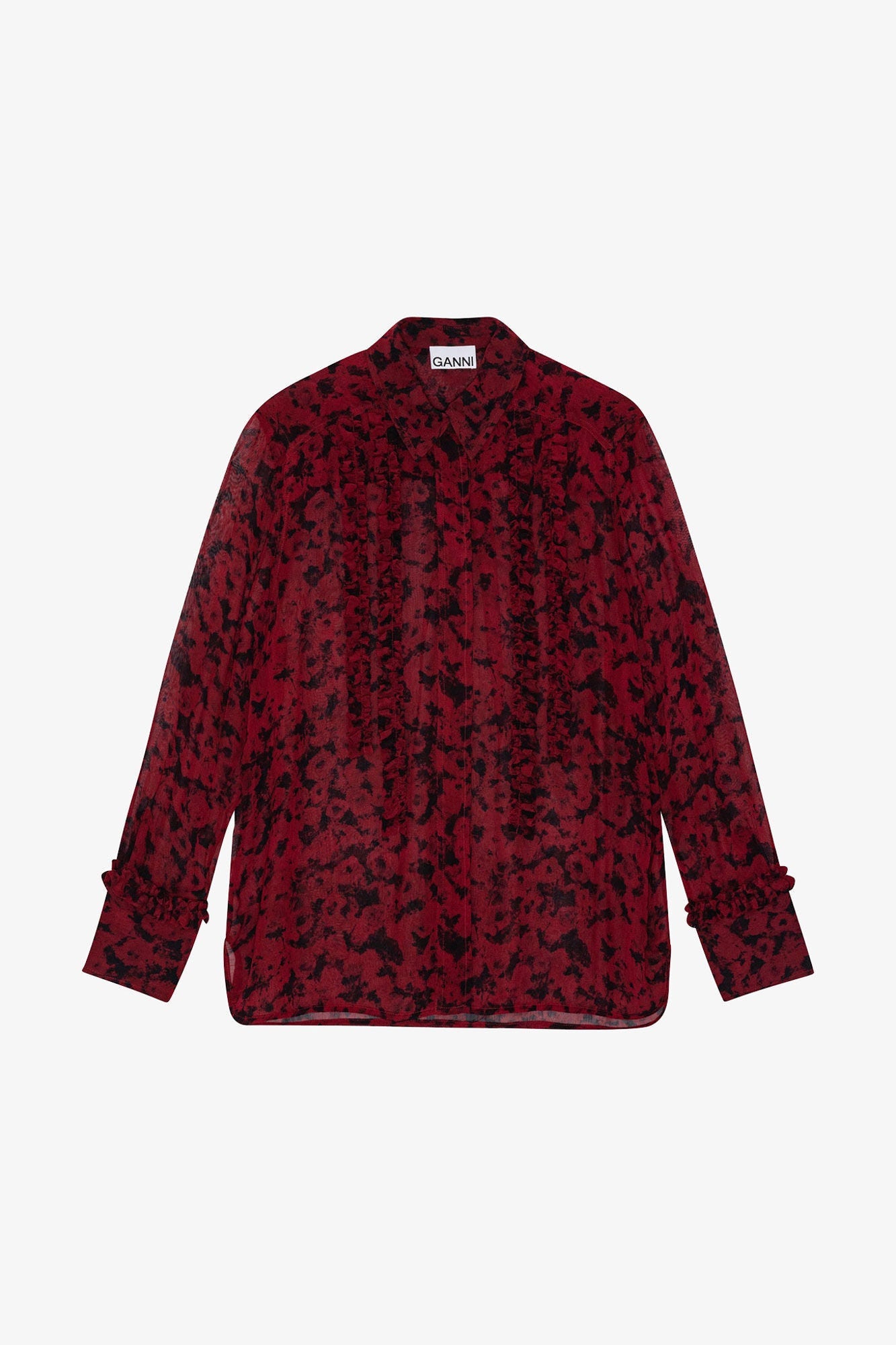 Red Printed Light Georgette Ruffle Shirt | Syrah
