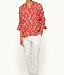 Ridley Relaxed Fit Open Resort Placket Bamboo Print Linen Shirt | Summer Red/White Sand