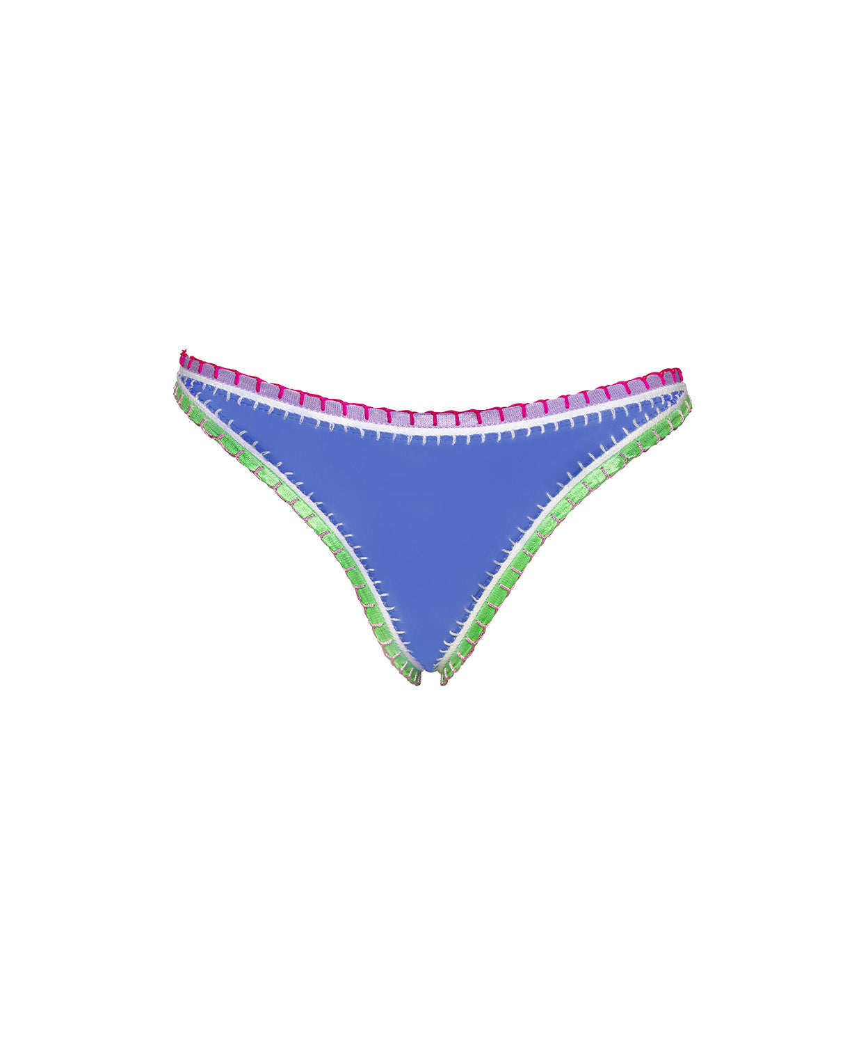 Blue bikini bottom with colorful trim on a white background