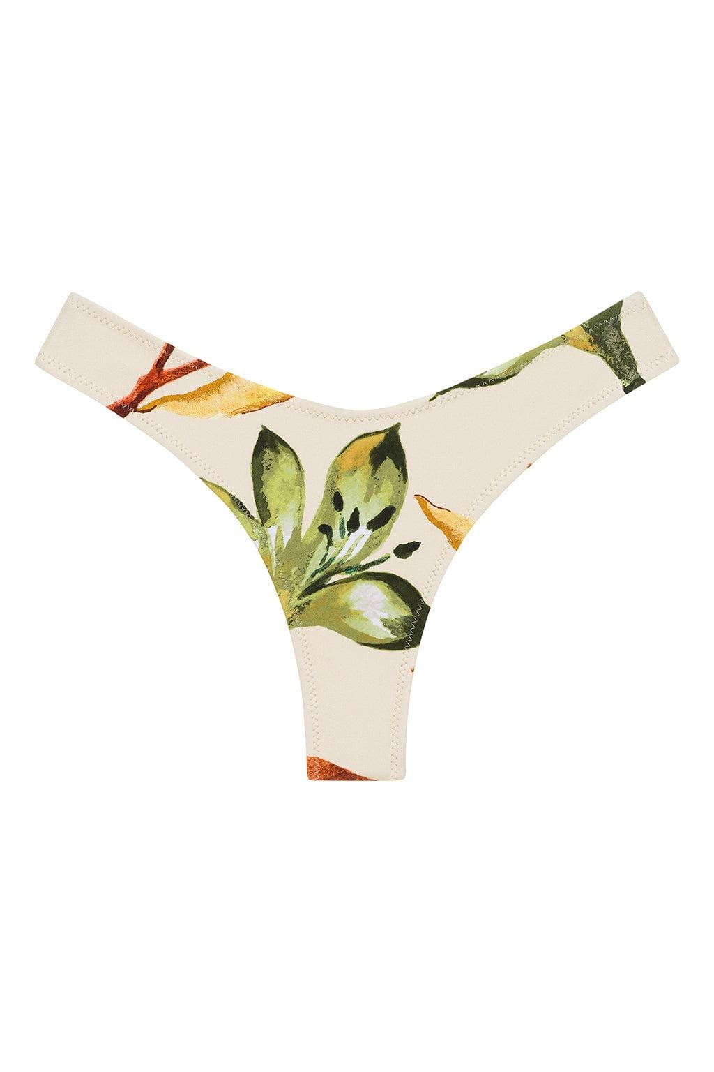 Cream bikini bottom with green and yellow floral print and zig-zag stitch detailing along edges.
