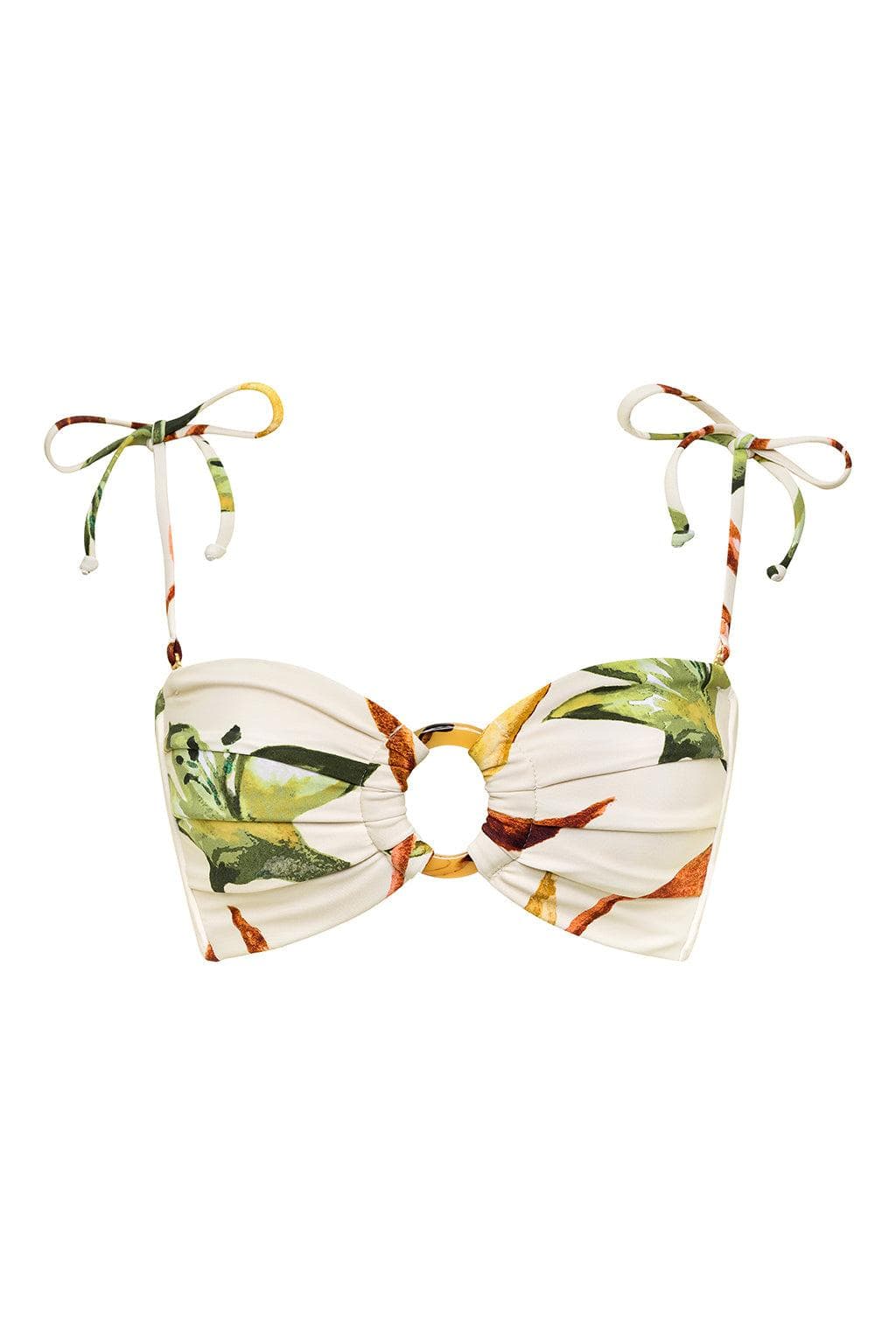 Cream bandeau bikini top with floral print, gold ring detail at center, and multicolored tie straps.