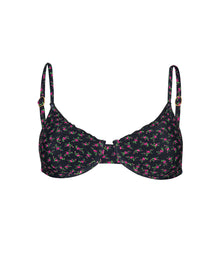 Black floral-patterned bikini top on a white background