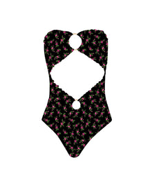 Black strapless swimsuit with floral pattern on a white background