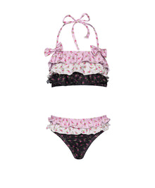 Floral bikini set with ruffled details on a white background