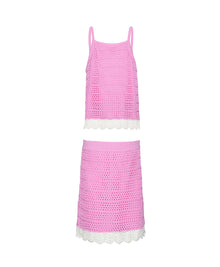 Kids Rosy Kennedy Set — soft pink crochet outfit with white trim, perfect for sunny beach or poolside days.