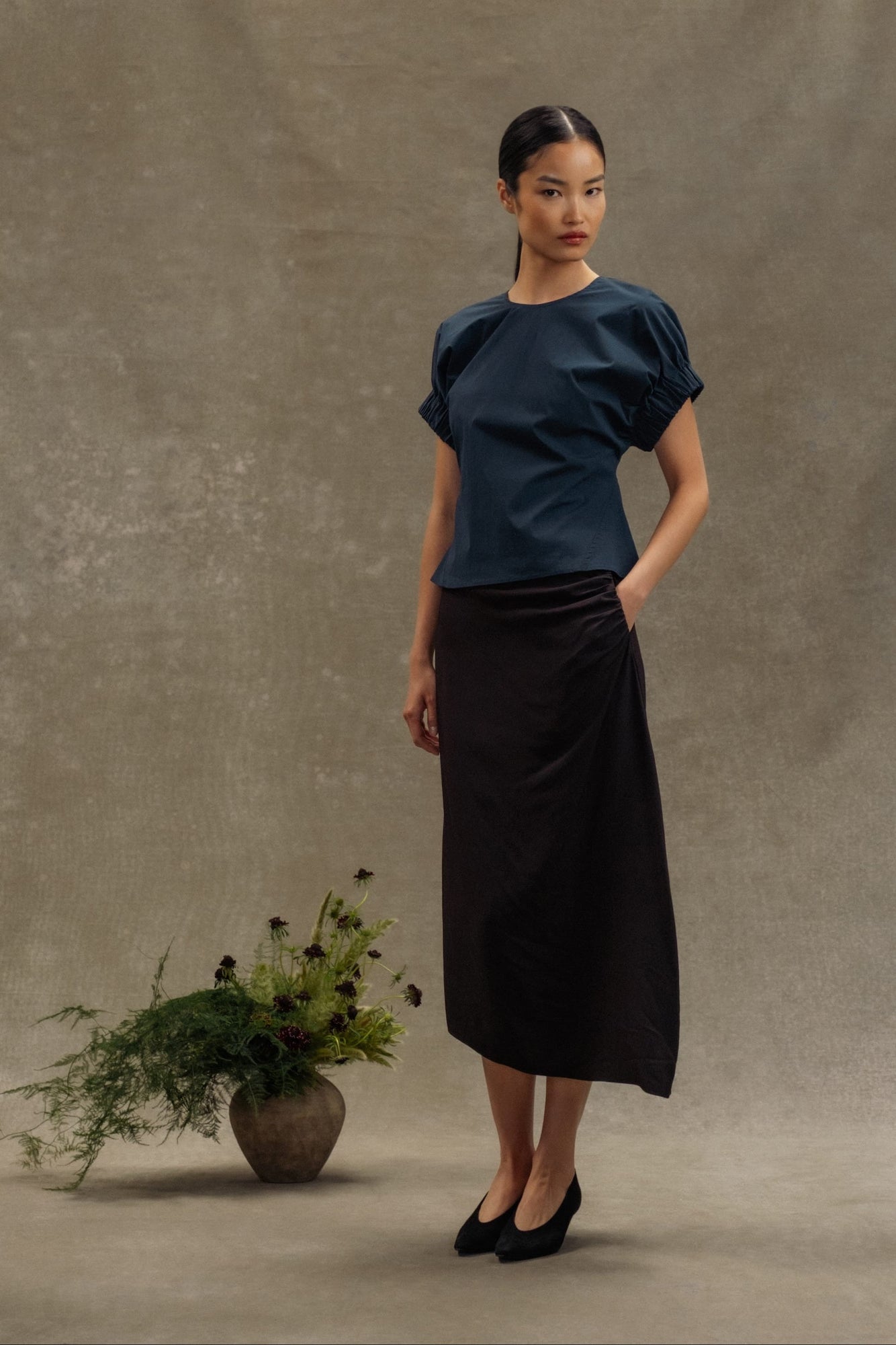 Diana | Rita Asymmetric-Hem Shirred Skirt in Size Small
