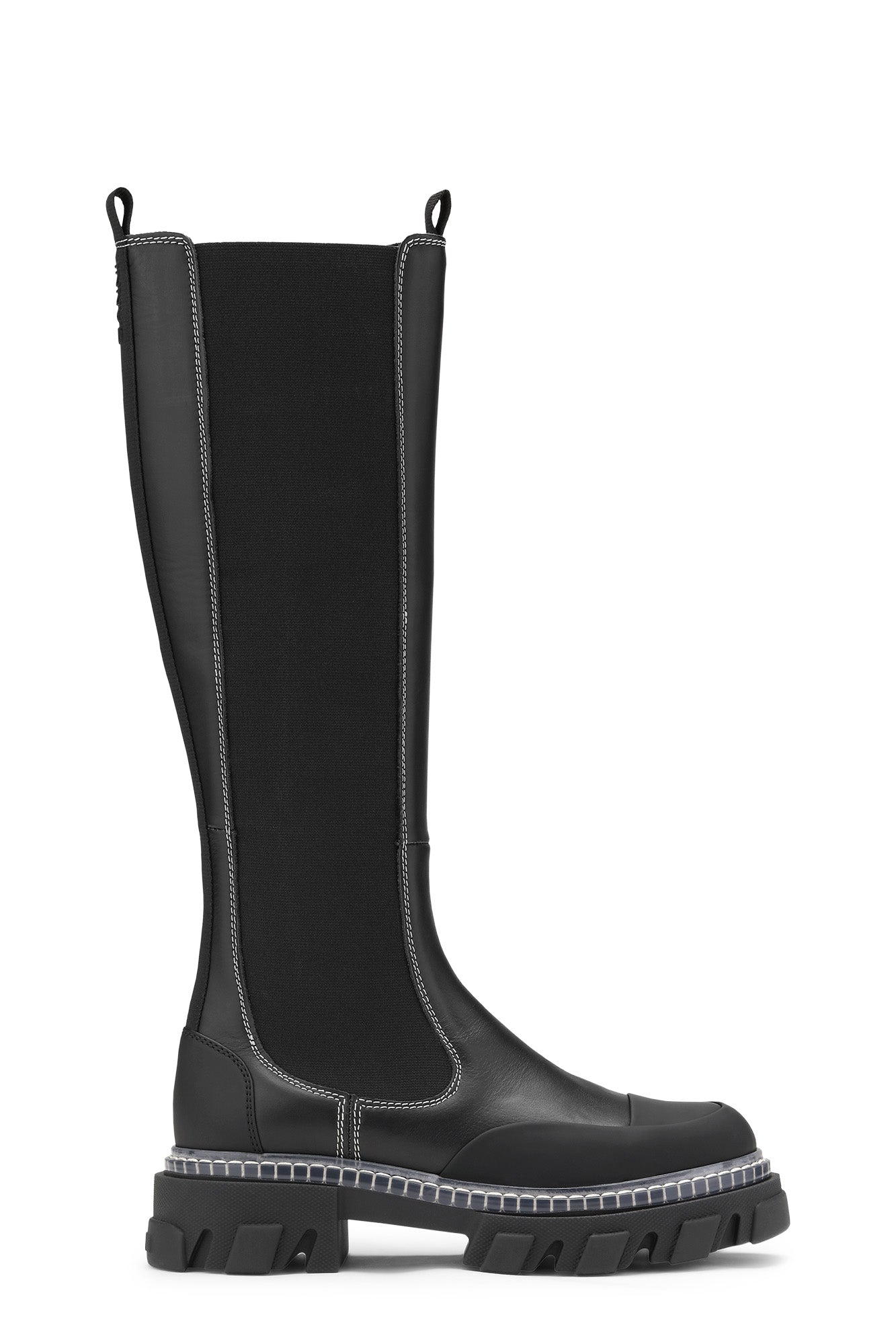 White Stitched Cleated High Chelsea Boots | Black