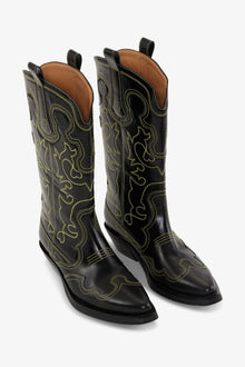 Mid Shaft Embroided Western Boot Yellow Stitch | Black