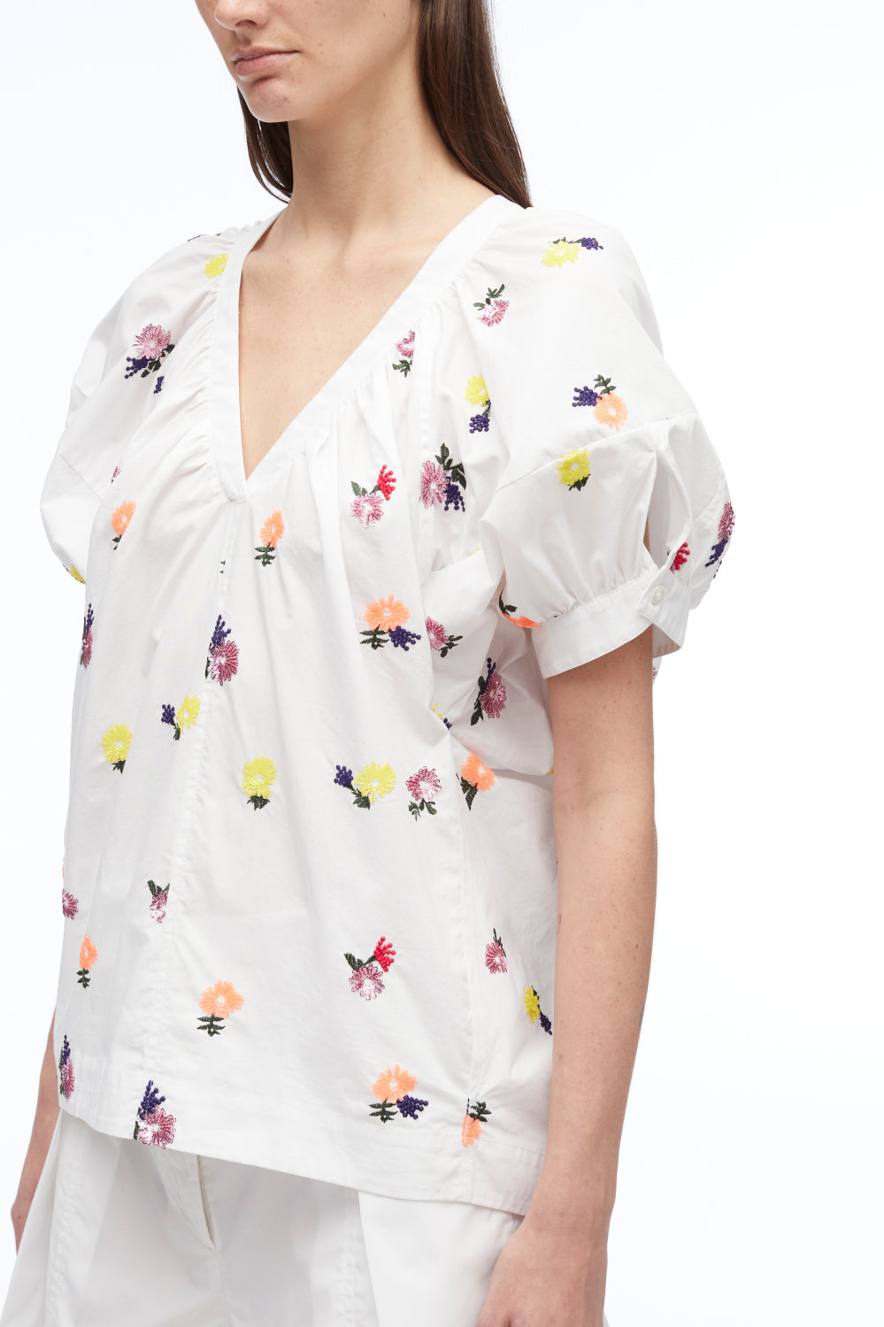 Sequin Embellished Poplin V-Neck Top | White Multi