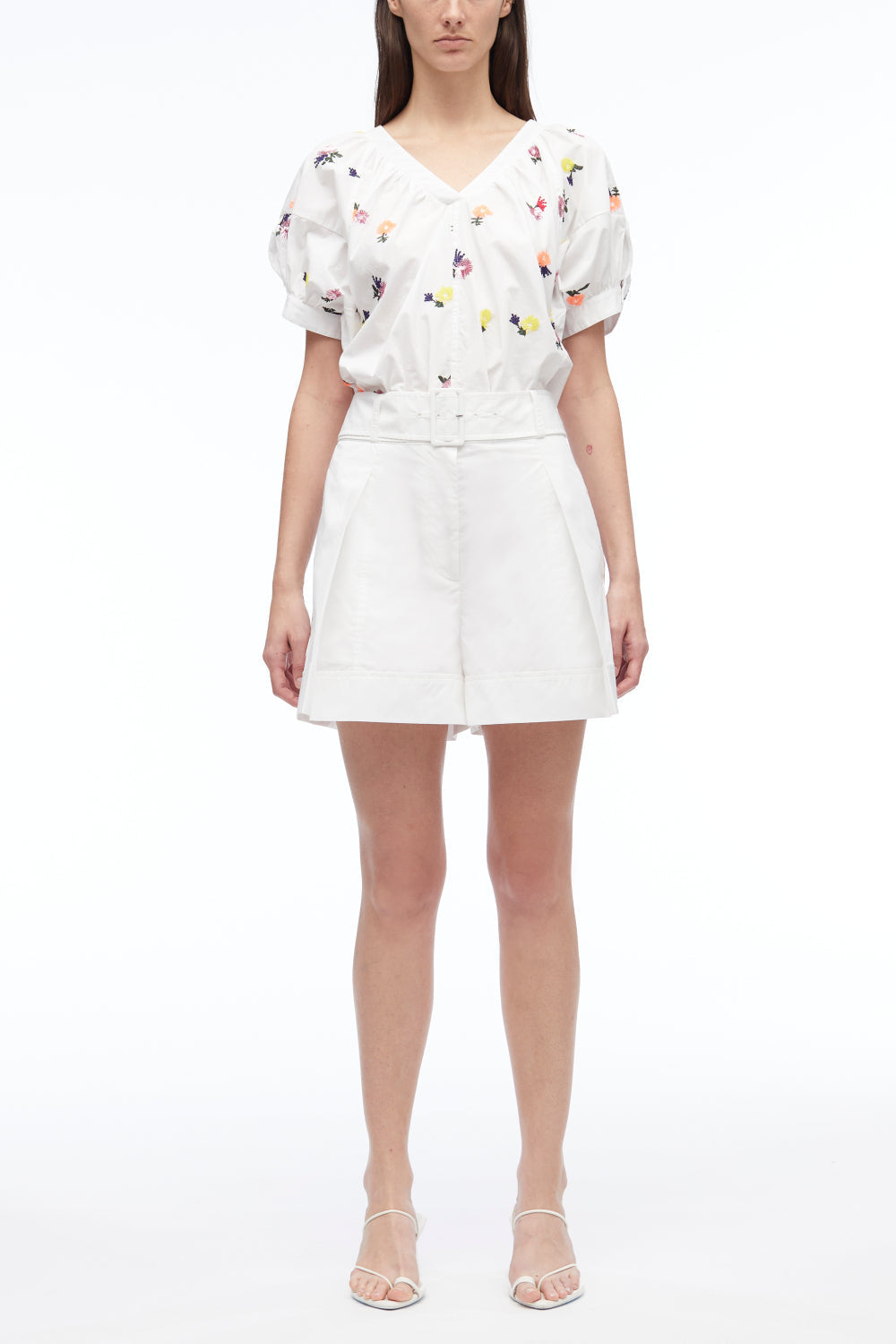 Sequin Embellished Poplin V-Neck Top | White Multi