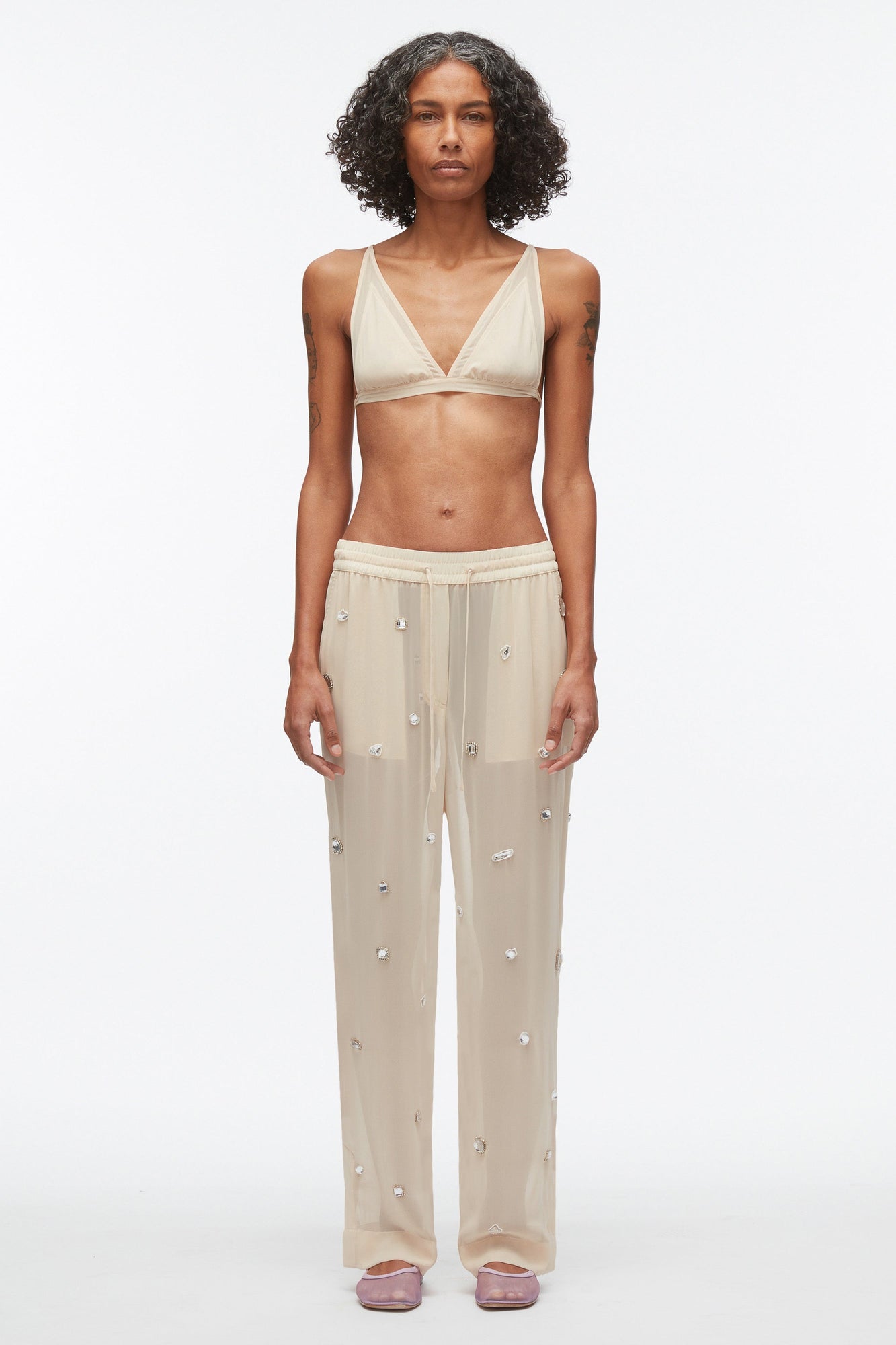 Halo Embroidered Chiffon Pant | Champagne