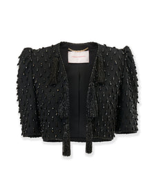 Embroidered Short Sleeve Cropped Jacket With Tassels | Black