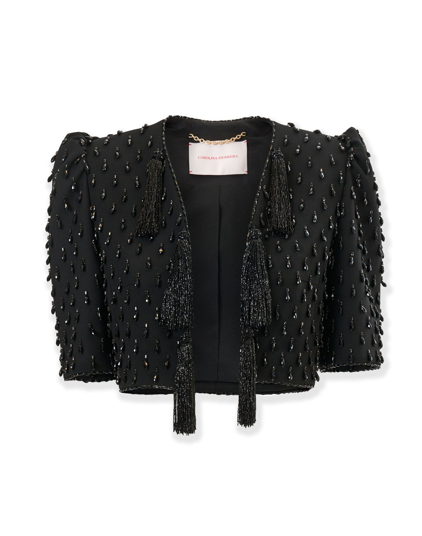 Embroidered Short Sleeve Cropped Jacket With Tassels | Black