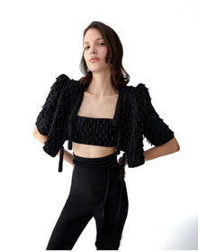 Embroidered Short Sleeve Cropped Jacket With Tassels | Black