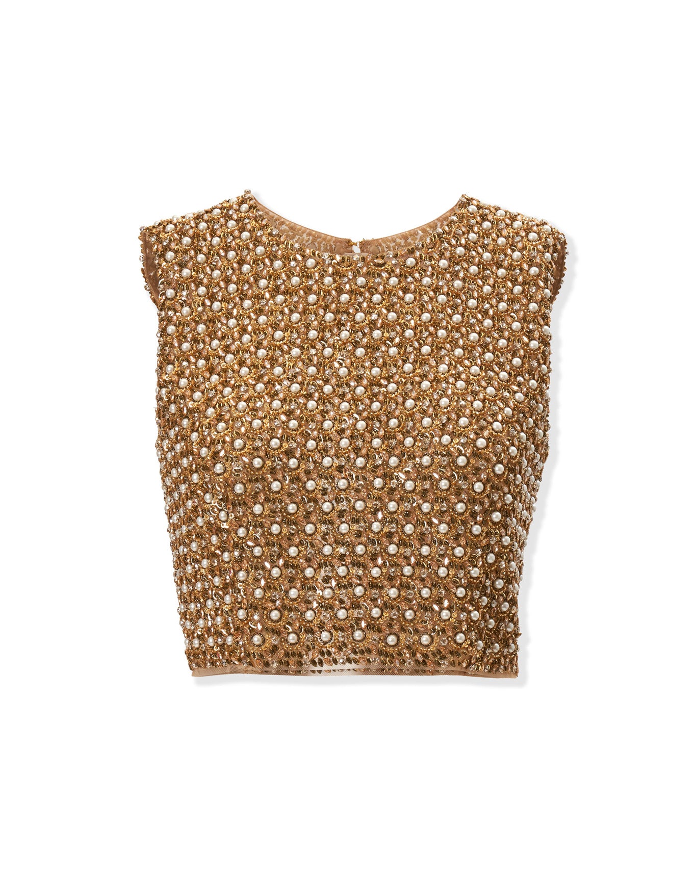 Embroidered Sleeveless Crewneck Cropped Top | Gold