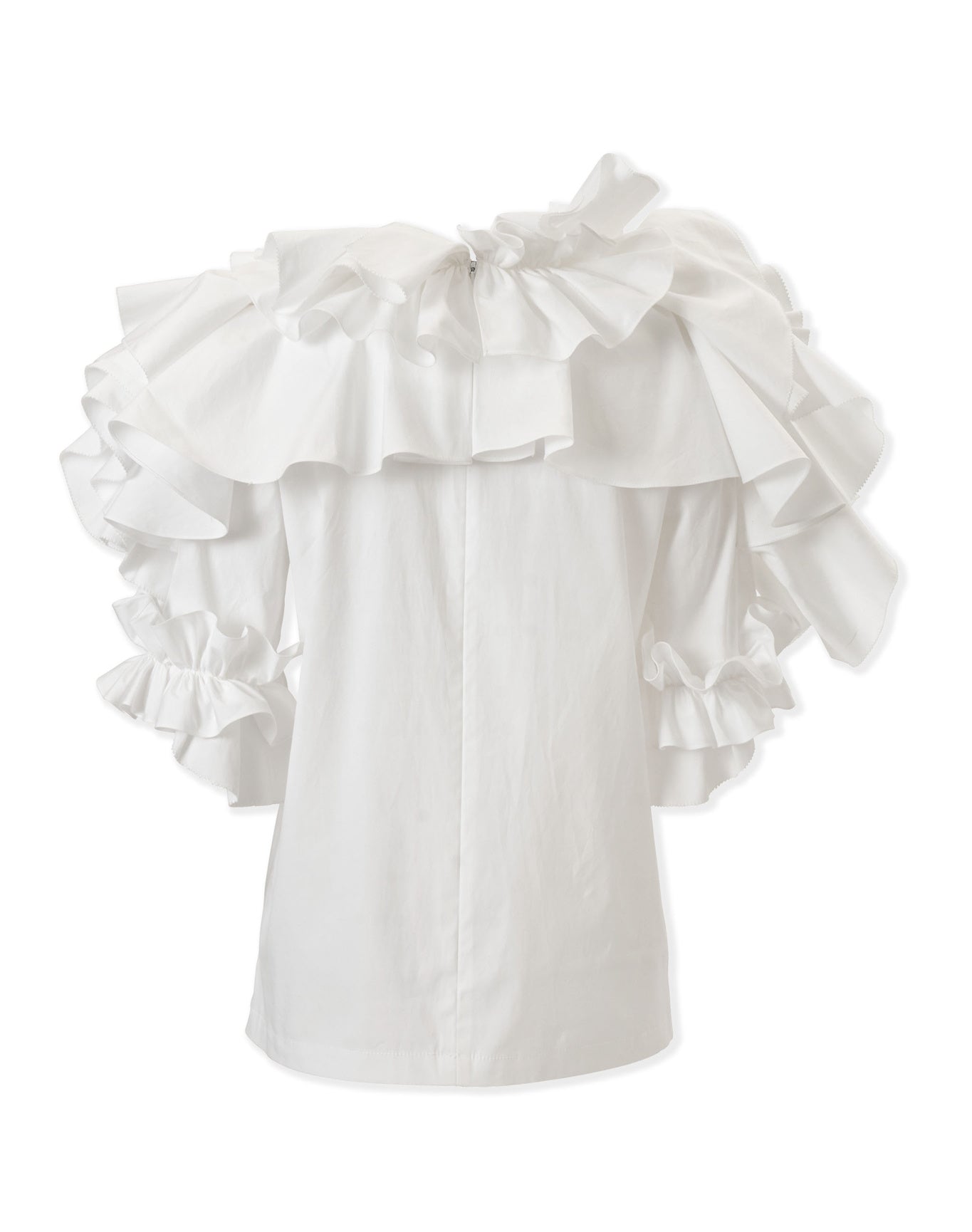 Elbow Sleeve Draped Floral Ruffle Top | White