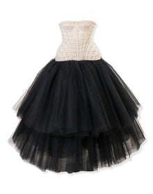 Embroidered Strapless Tiered Tea Length Dress | Black/White