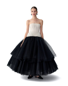 Embroidered Strapless Tiered Tea Length Dress | Black/White