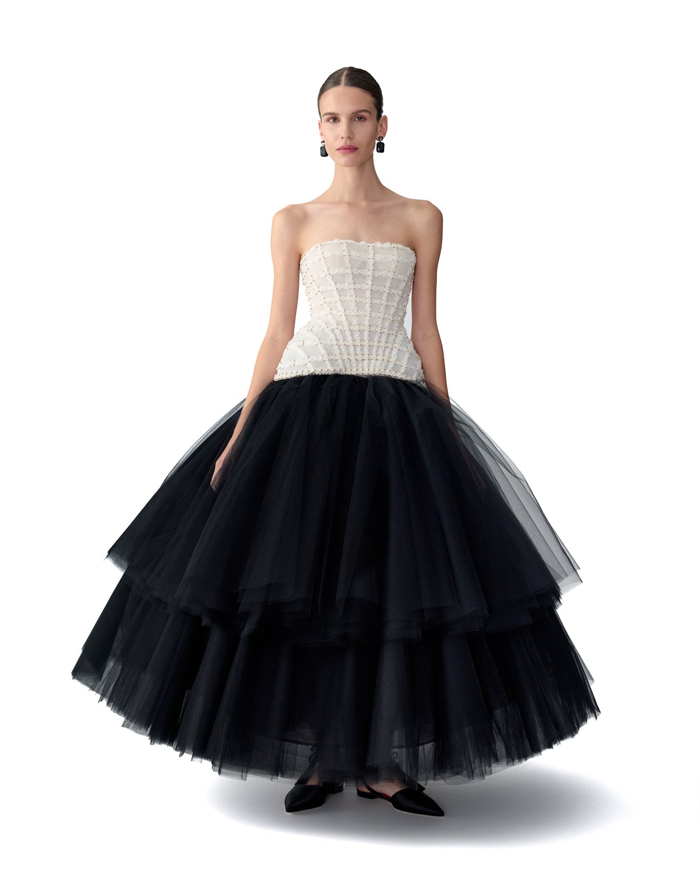Embroidered Strapless Tiered Tea Length Dress | Black/White