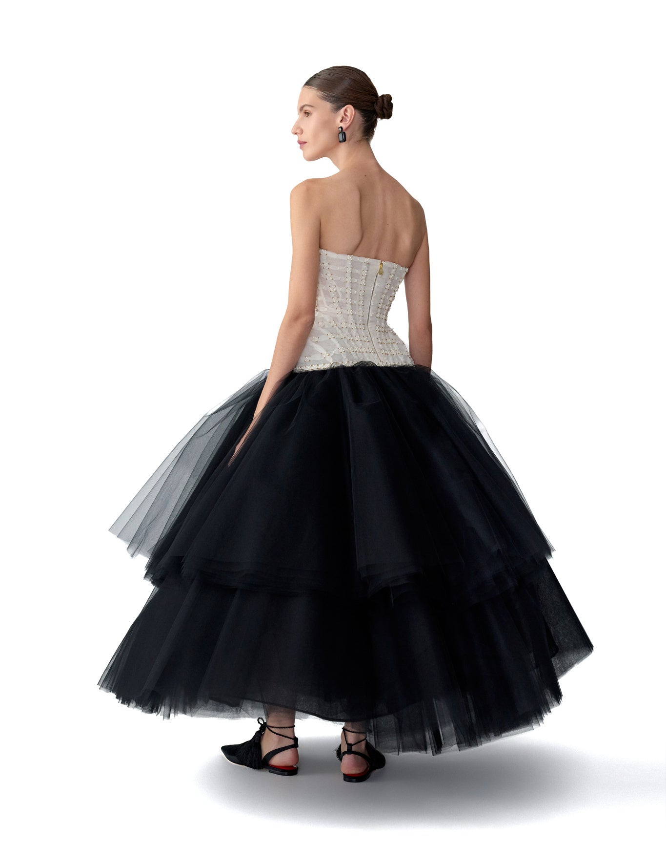 Embroidered Strapless Tiered Tea Length Dress | Black/White