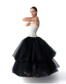 Embroidered Strapless Tiered Tea Length Dress | Black/White