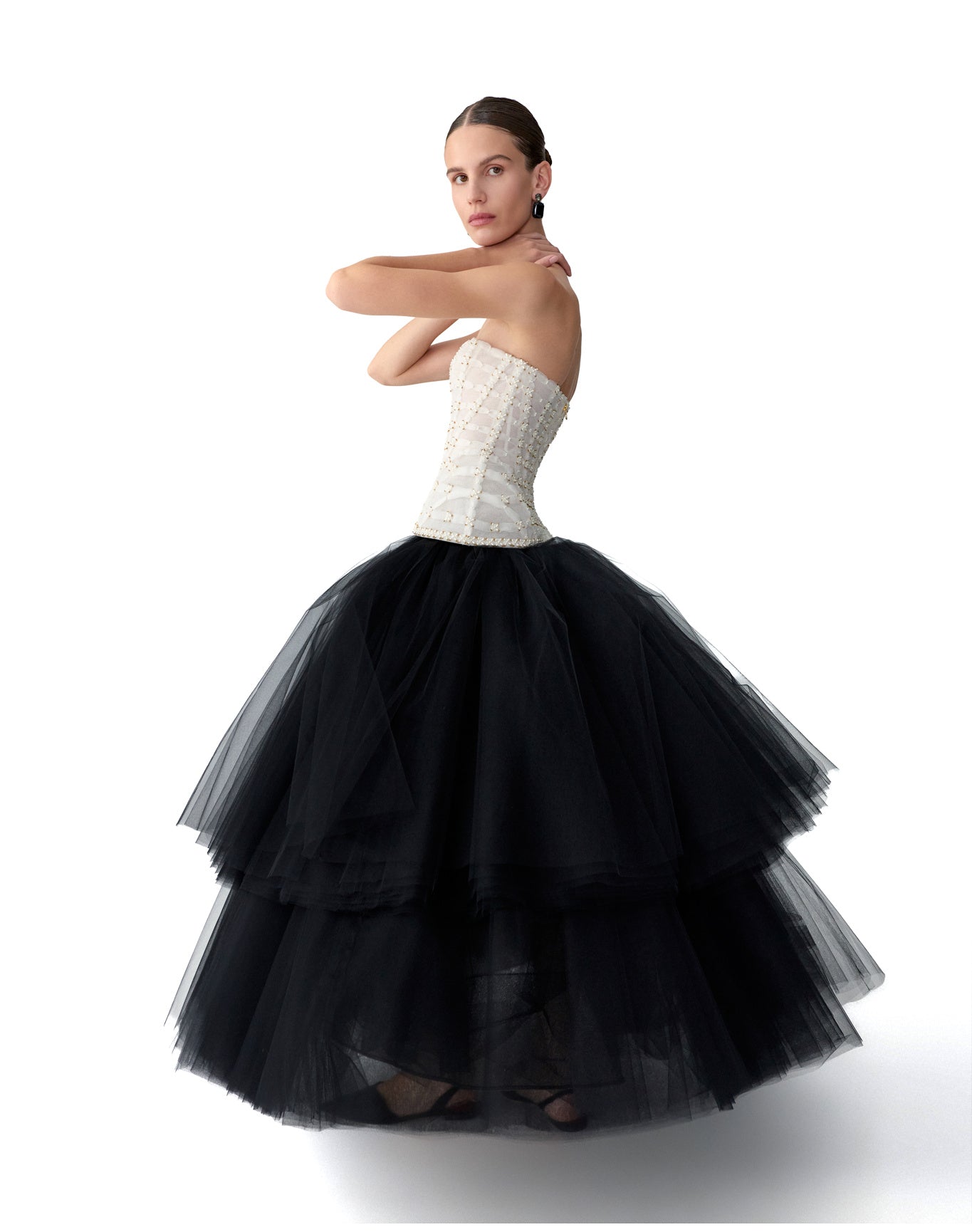 Embroidered Strapless Tiered Tea Length Dress | Black/White