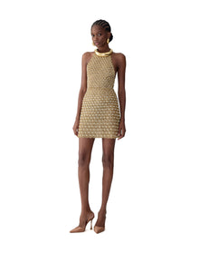 Embroidered Halter Neck Mini Dress | Gold
