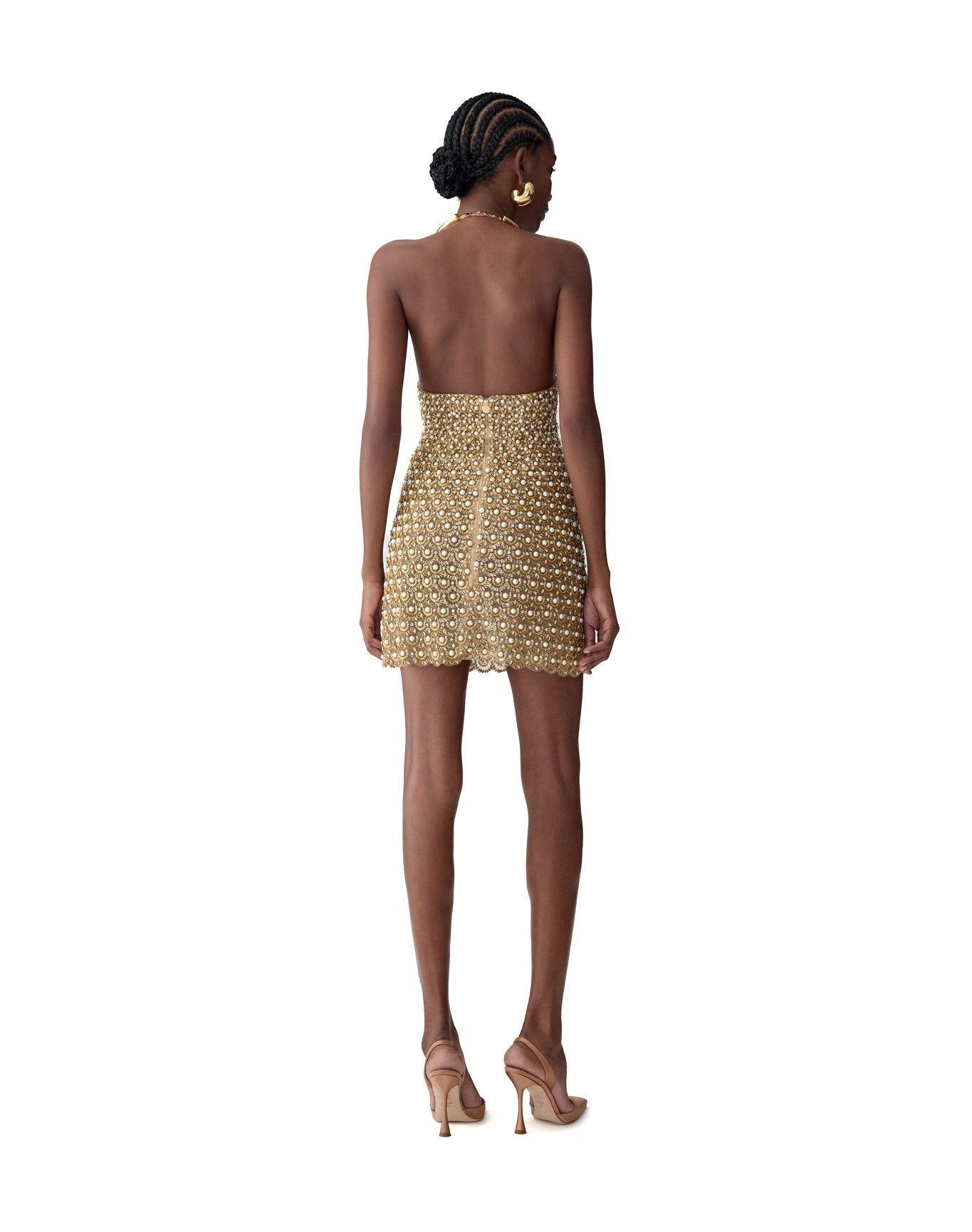 Embroidered Halter Neck Mini Dress | Gold