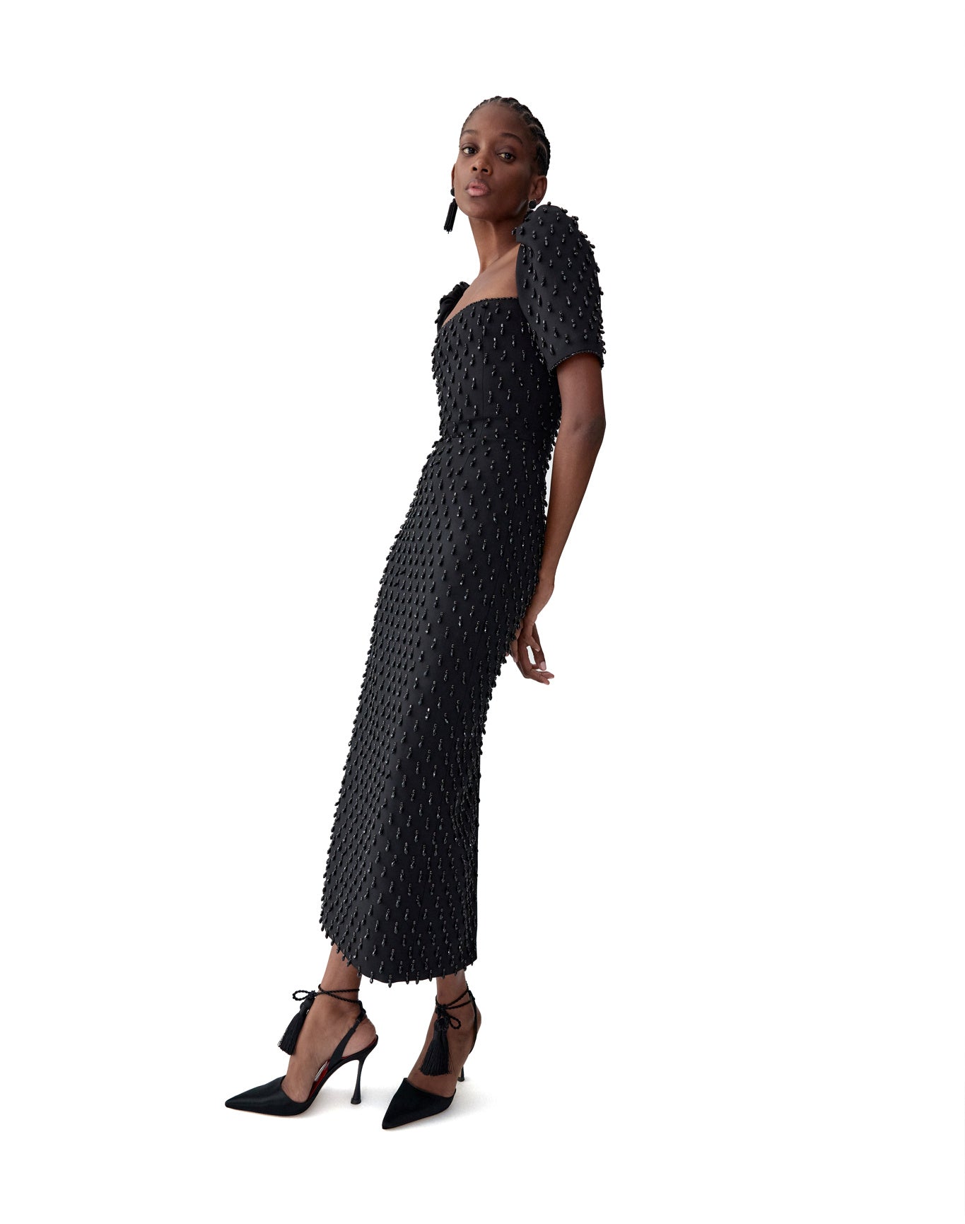 Embroidered Short Sleeve Square Neck Midi Dress | Black