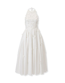 Embroidered Halter Neck A-Line Midi Dress | White