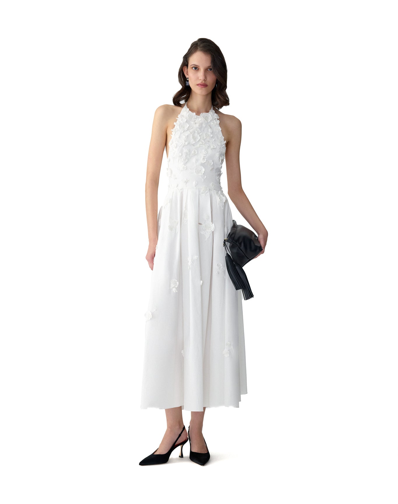 Embroidered Halter Neck A-Line Midi Dress | White