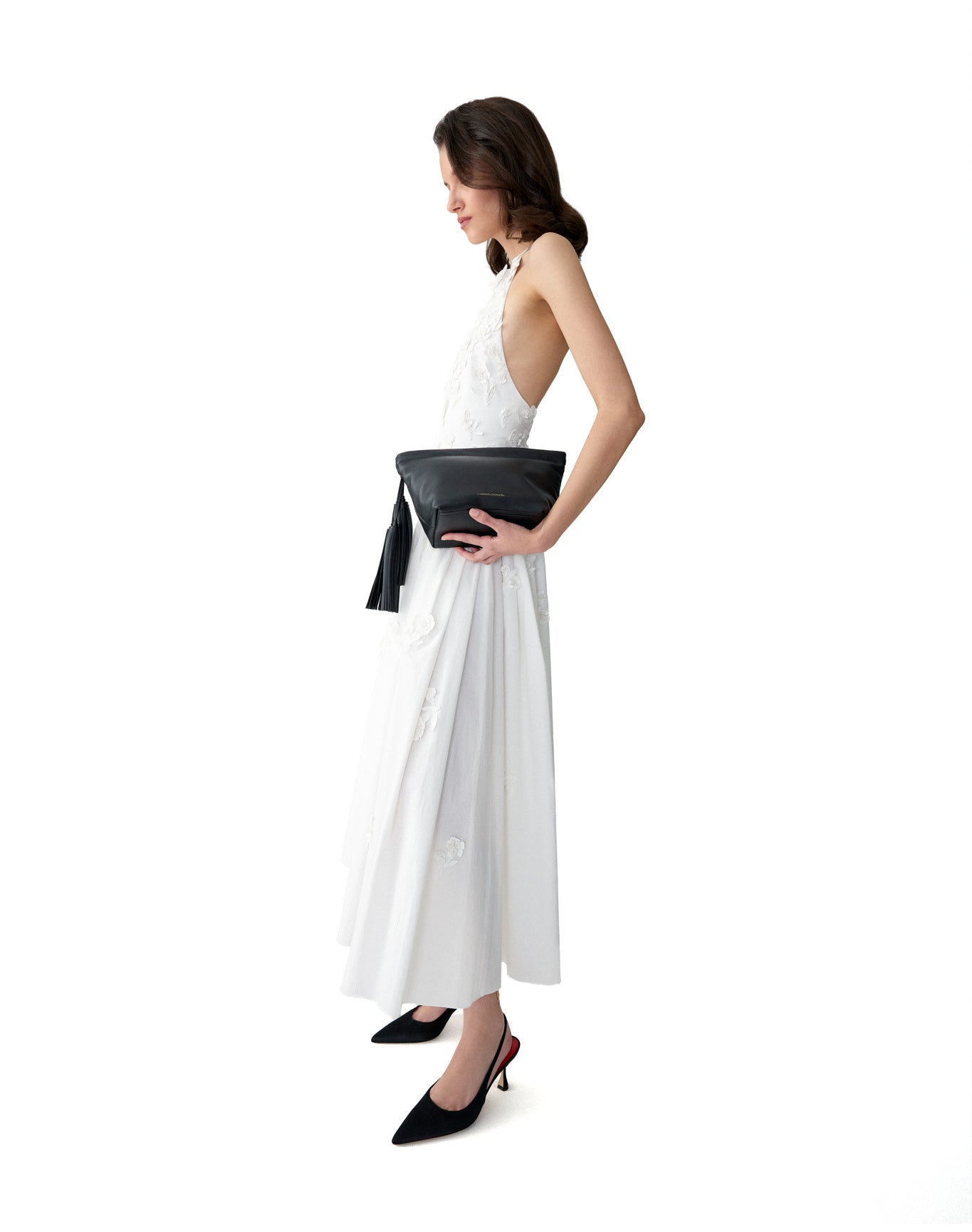Embroidered Halter Neck A-Line Midi Dress | White