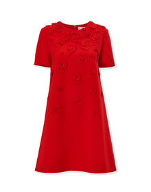 Embroidered Short Sleeve Crewneck Shift Dress | Herrera Red