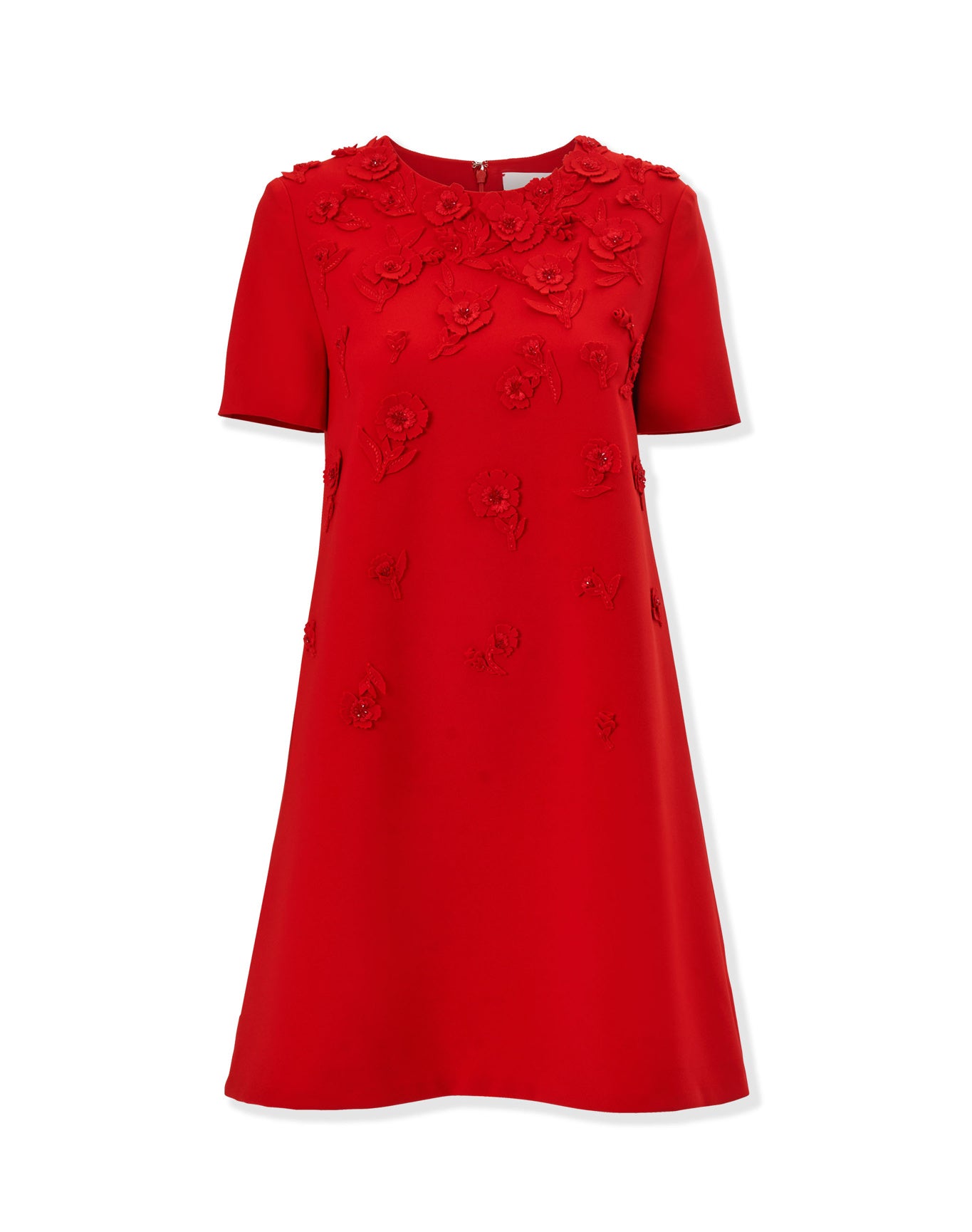 Embroidered Short Sleeve Crewneck Shift Dress | Herrera Red