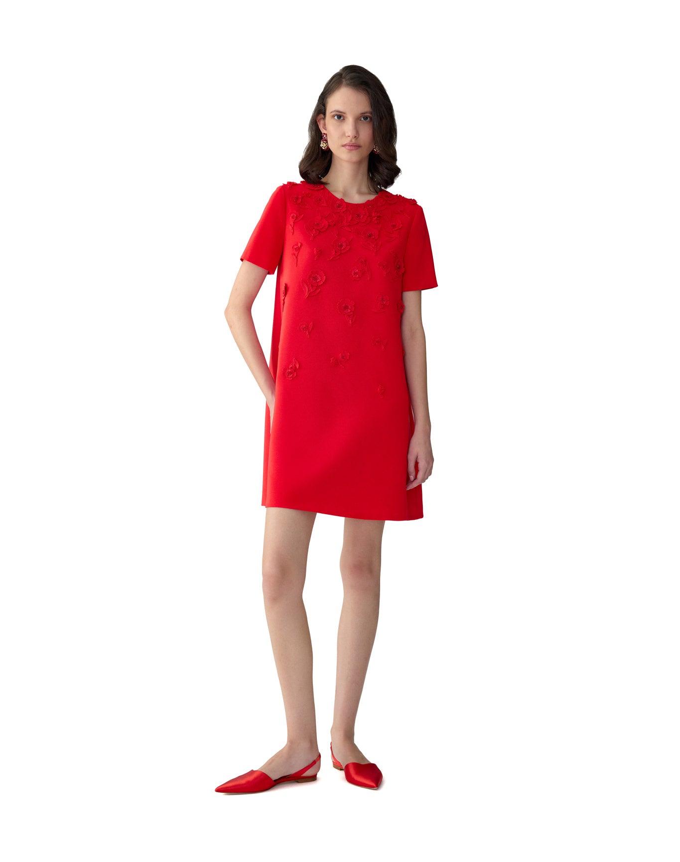 Embroidered Short Sleeve Crewneck Shift Dress | Herrera Red