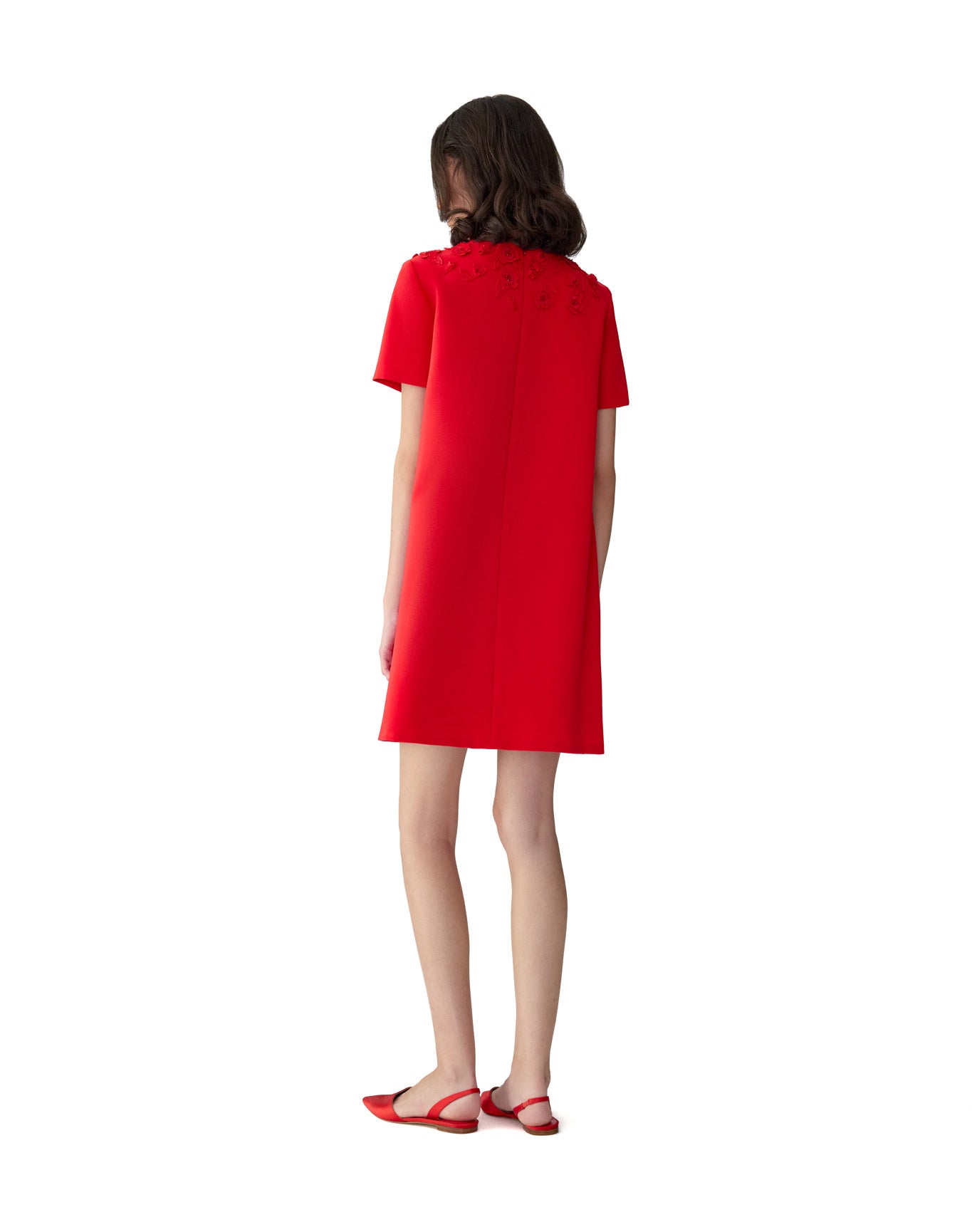 Embroidered Short Sleeve Crewneck Shift Dress | Herrera Red