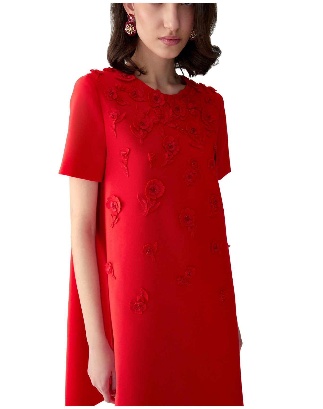 Embroidered Short Sleeve Crewneck Shift Dress | Herrera Red