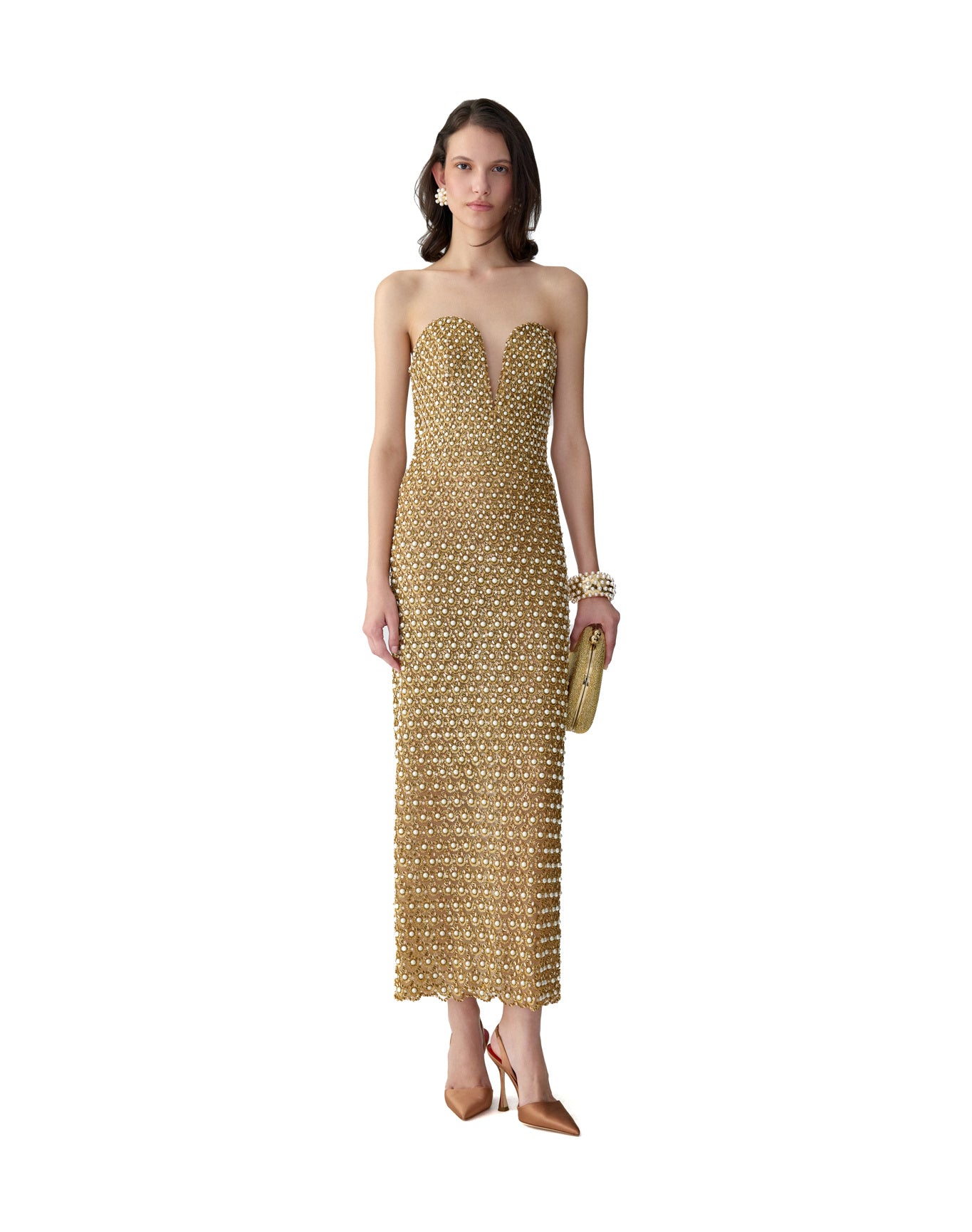 Embroidered Strapless Deep V Column Dress | Gold