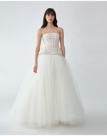 Embroidered Strapless Tiered Gown | White