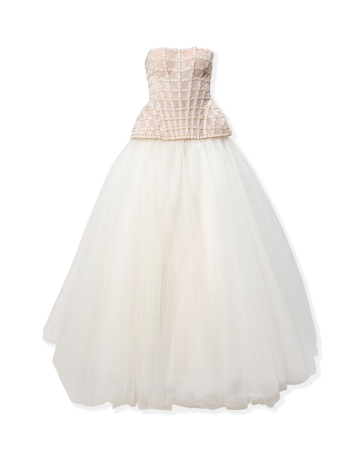 Embroidered Strapless Tiered Gown | White