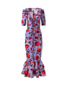 Short Sleeve V-Neck Gathered Midi Dress | Violeta Multi