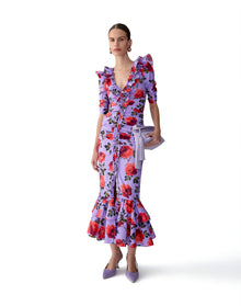 Short Sleeve V-Neck Gathered Midi Dress | Violeta Multi