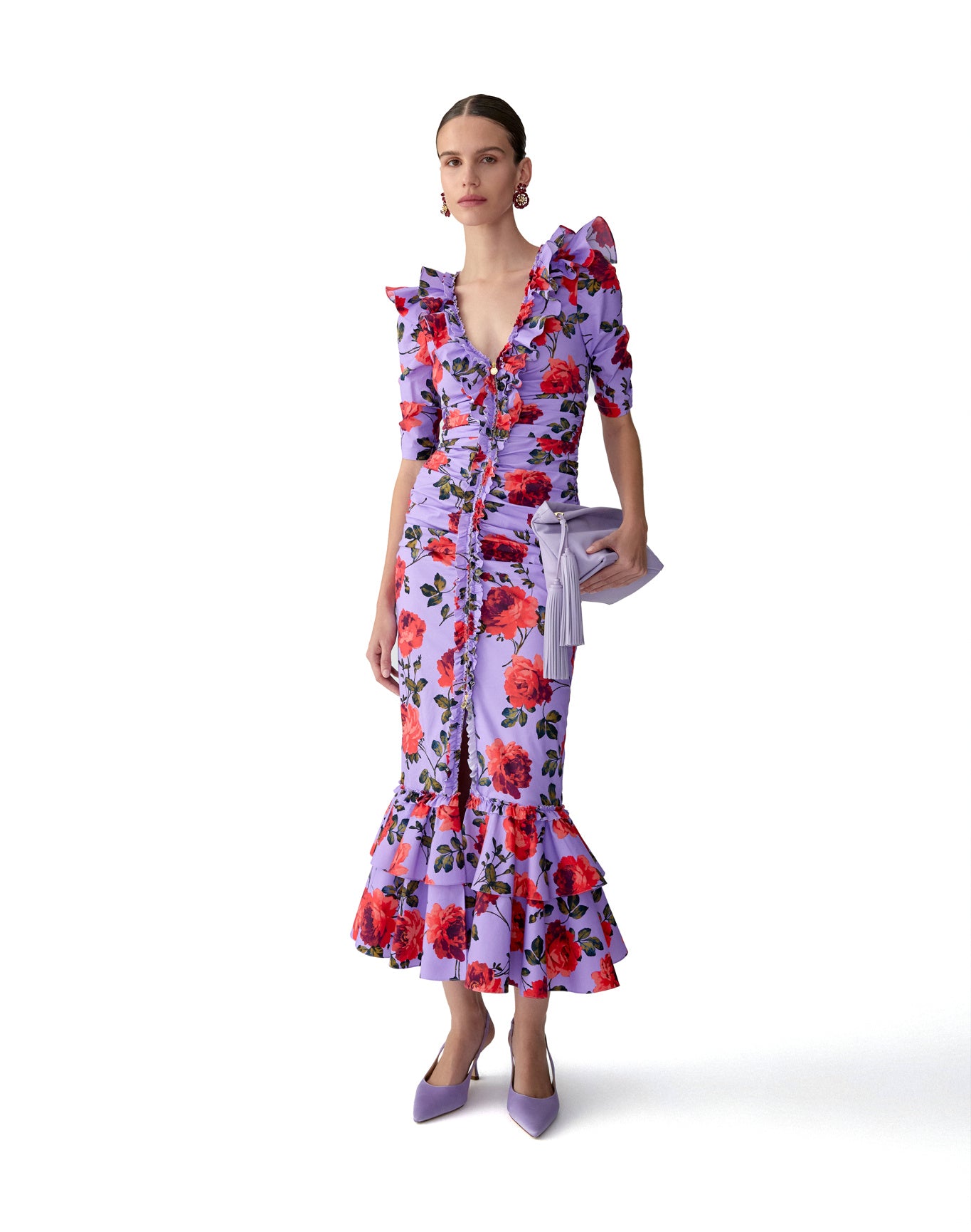 Short Sleeve V-Neck Gathered Midi Dress | Violeta Multi