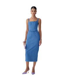 Scoop Neck Corseted Midi Pencil Dress | Light Blue