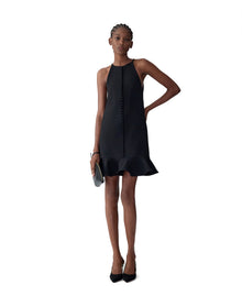 Sleeveless Halter Neck Mini Dress With Ruffle Hem | Black