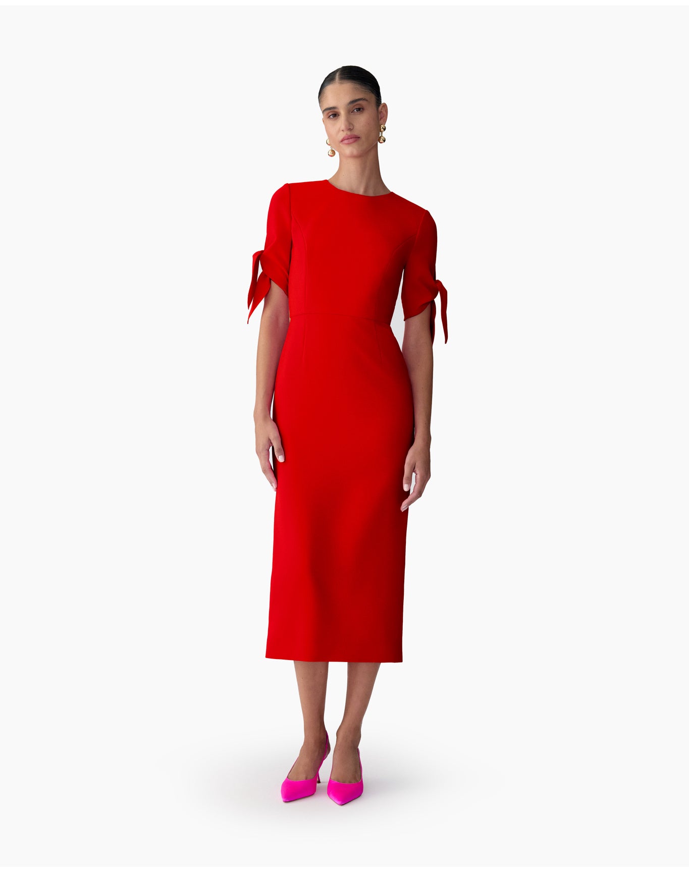 Elbow Tie Sleeve Crewneck Midi Dress | Herrera Red